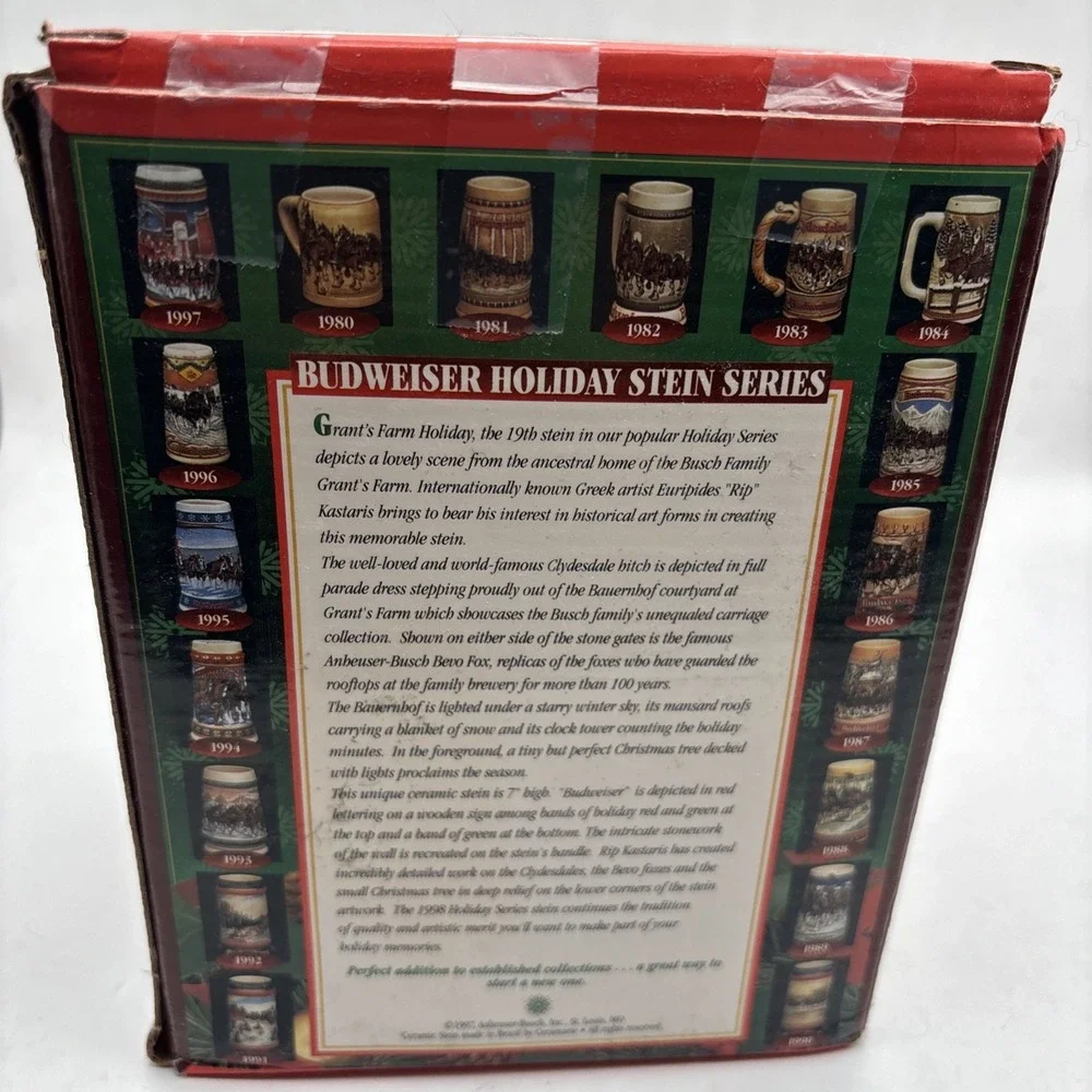 Budweiser Holiday Beer Stein 1998 Grant's Farm Holiday CS343 Clydesdale Anheuser